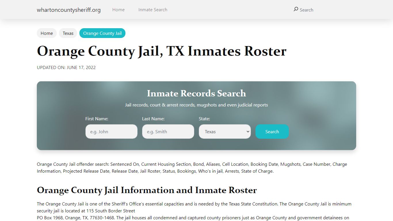 Orange County Jail, TX Jail Roster, Name Search
